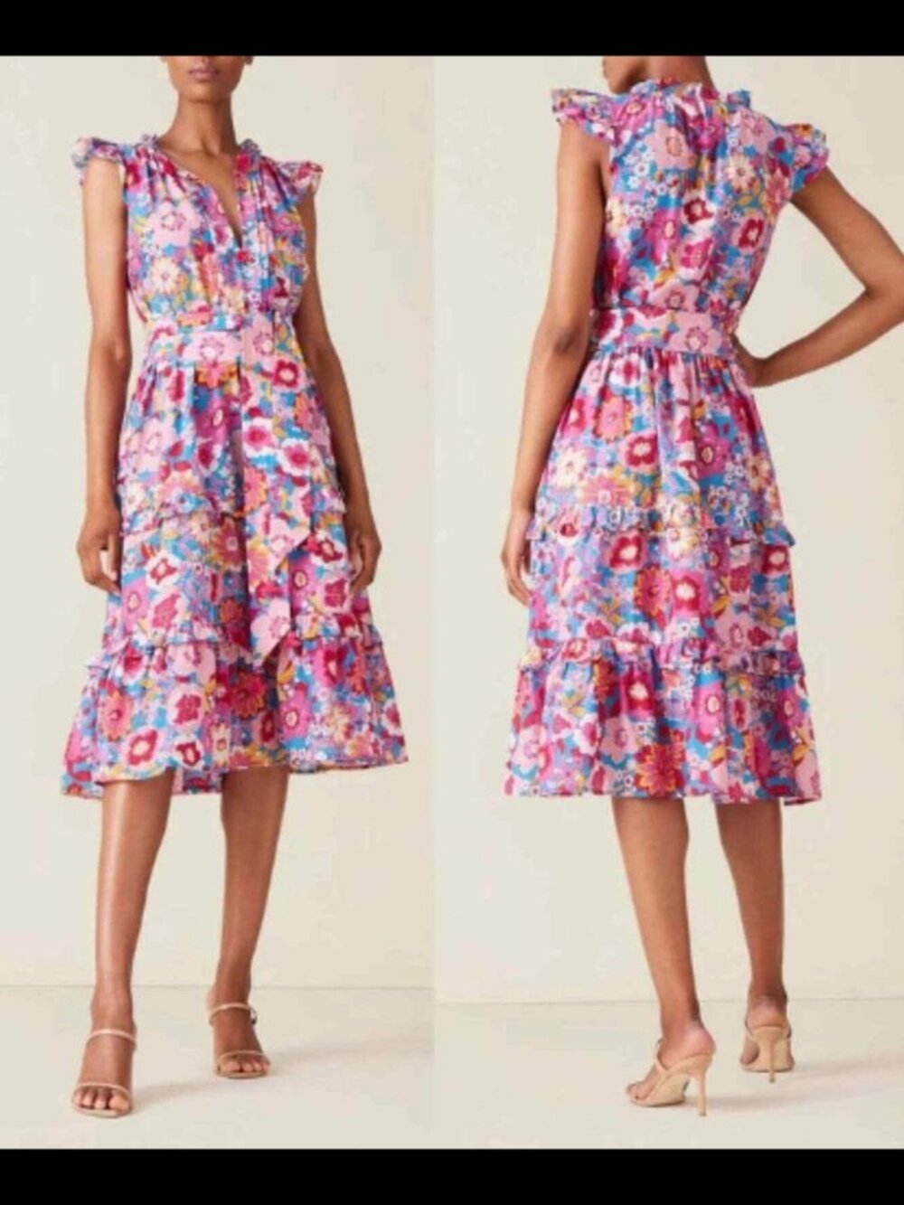 Figue Pippa Floral Silk Blend Tiered Midi Dress Boho Pink Blue Pom Pom Tassels S